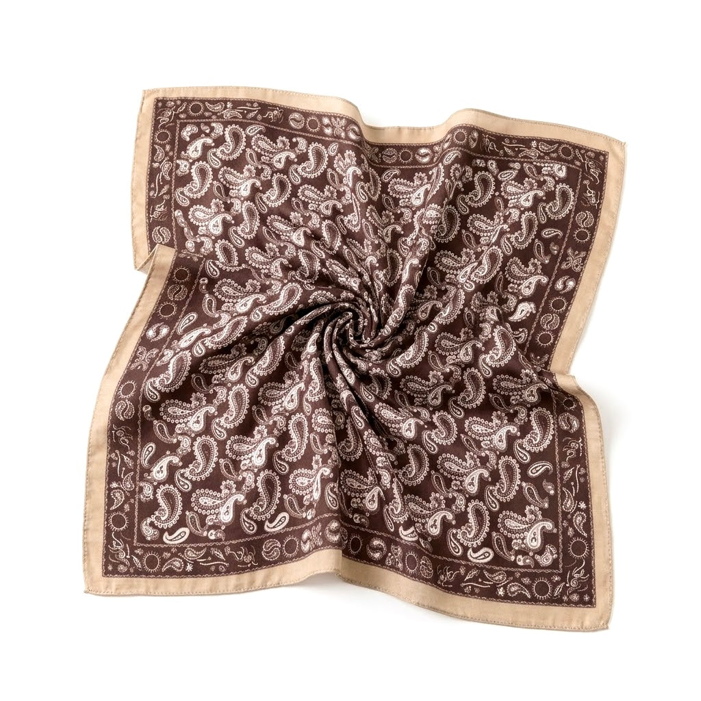 Satin Bandana Scarf | Brown Patchwork Paisley Foulard | 65x65 cm Silky Polyester Neck Scarf | Chic Head Scarf for Women⁠
