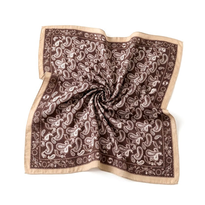 Satin Bandana Scarf | Brown Patchwork Paisley Foulard | 65x65 cm Silky Polyester Neck Scarf | Chic Head Scarf for Women⁠