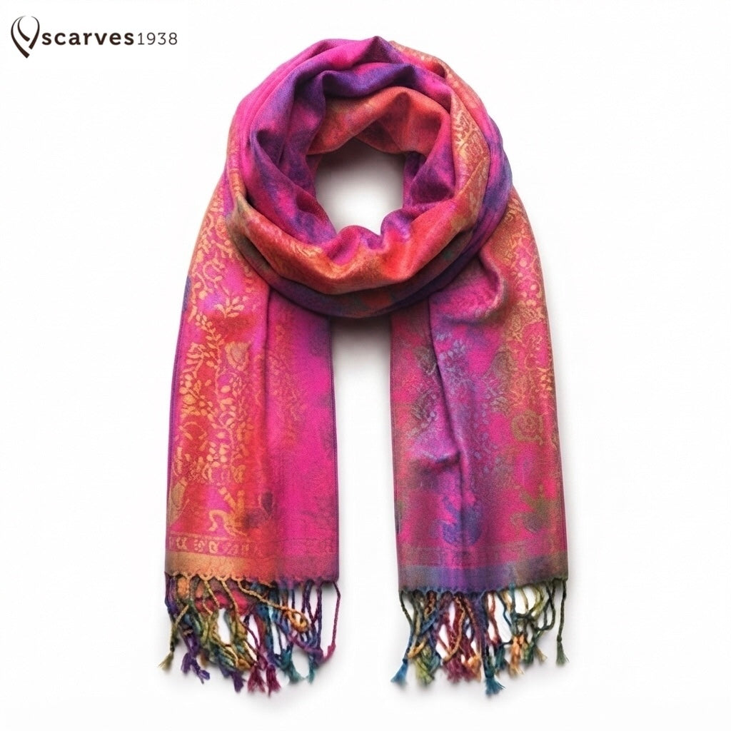 Colorful Pashmina Scarf - Fuchsia Rainbow Wrap Elephants - Rave Shawl
