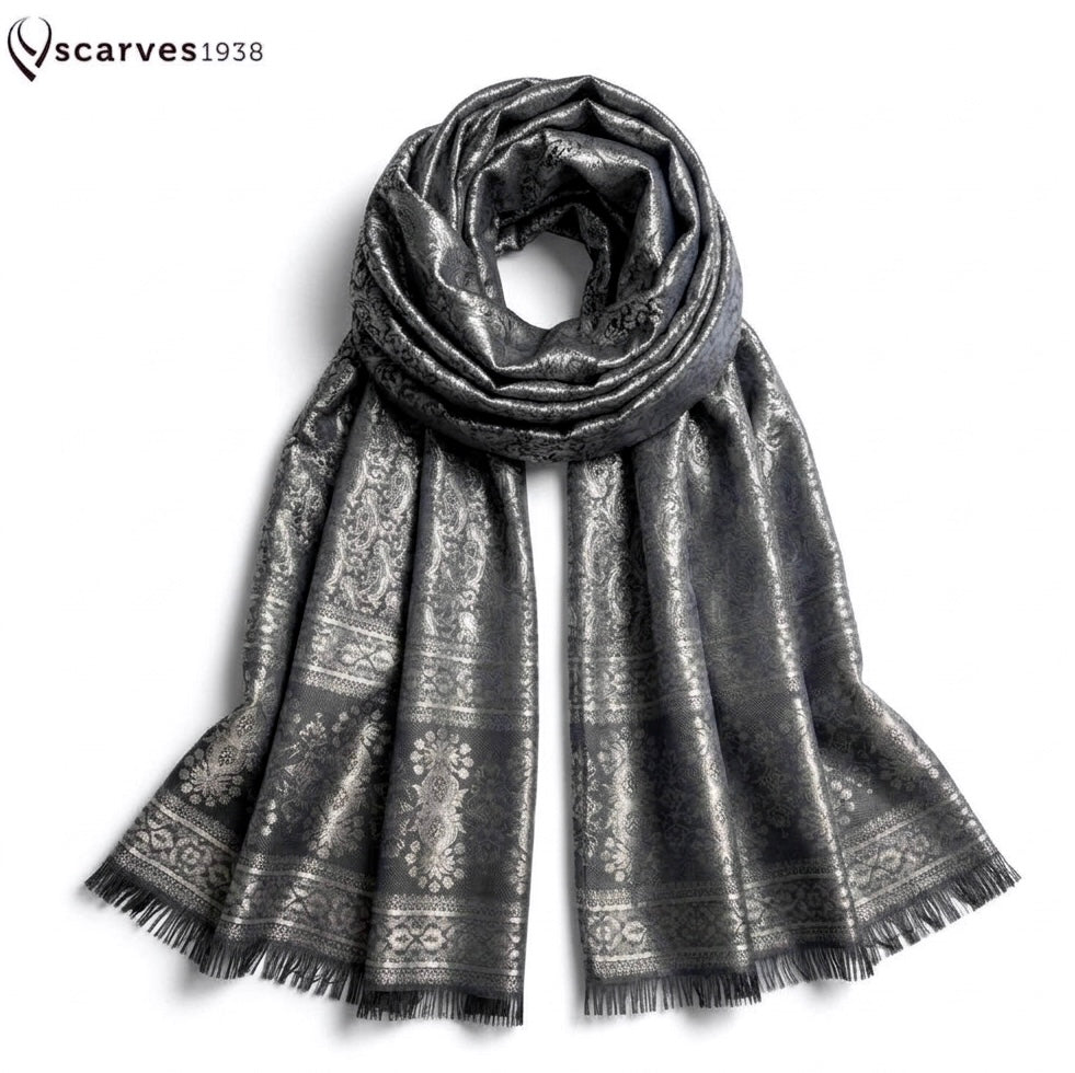 Silver Paisley Silk Scarf - Elegant Reversible Boho Shawl - Unisex Bridal Wrap