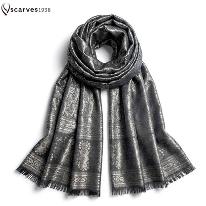 Silver Paisley Silk Scarf - Elegant Reversible Boho Shawl - Unisex Bridal Wrap