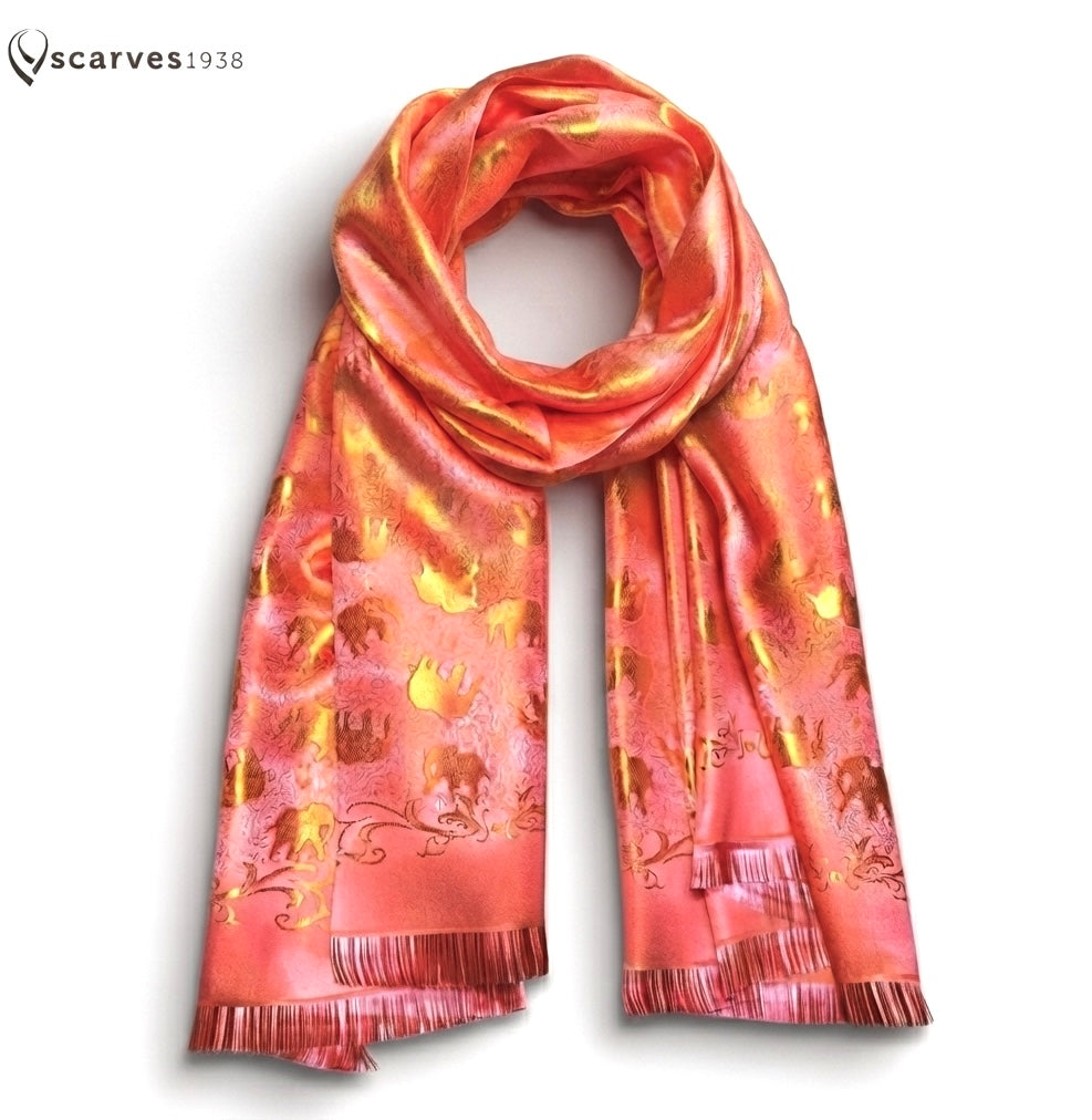 Orange Silk Scarf - Gift For Her - Elephants Pattern Soft Shawl
