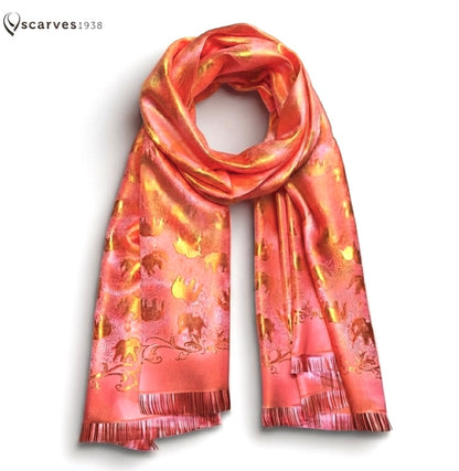 Orange Silk Scarf - Gift For Her - Elephants Pattern Soft Shawl