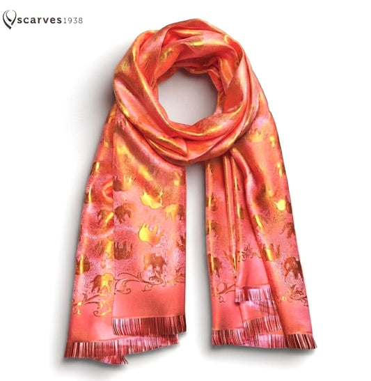 Orange Silk Scarf - Gift For Her - Elephants Pattern Soft Shawl