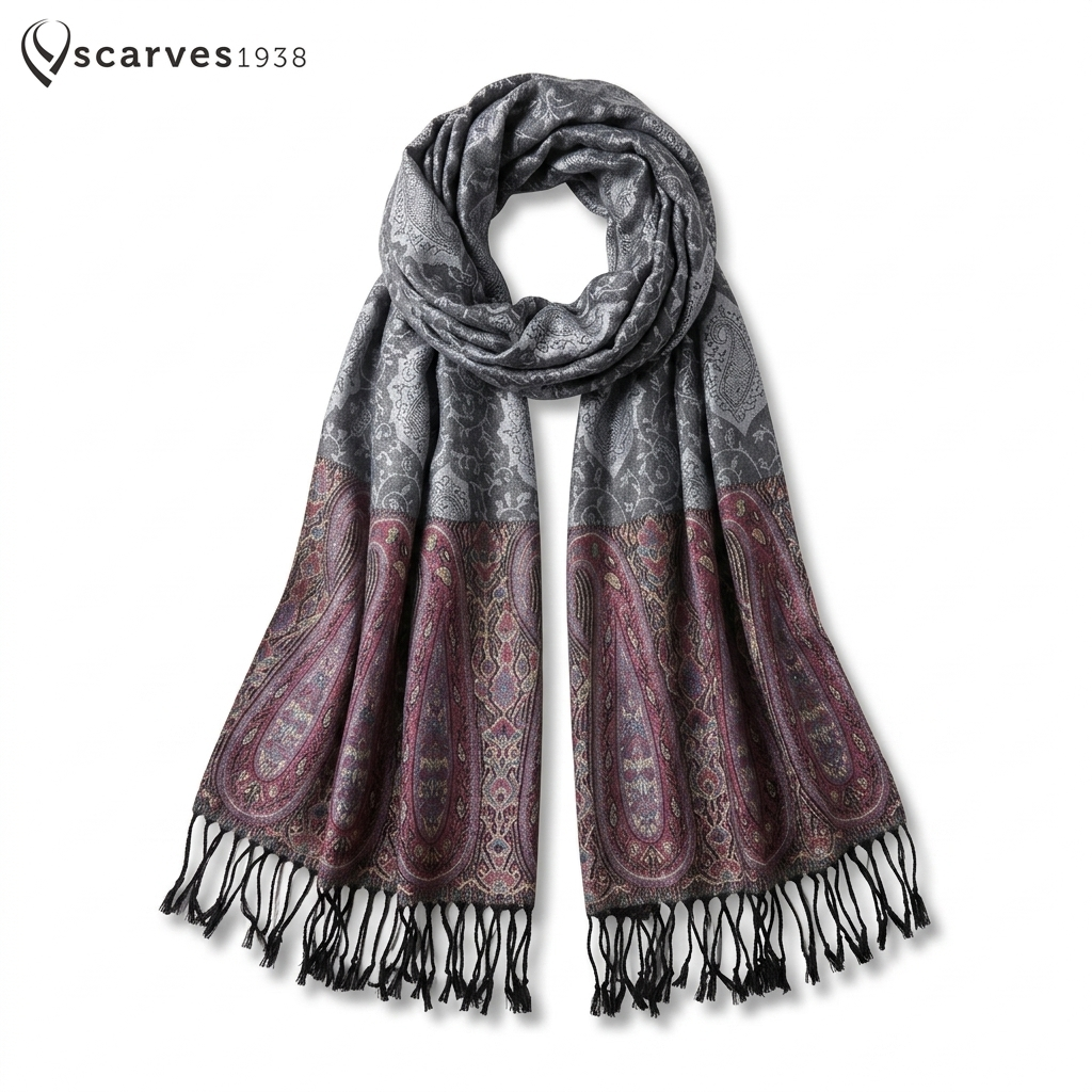 Gray Pashmina Scarf - Paisley Wraps God Eyes - Reversible Shawl