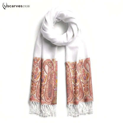 White Pashmina Scarf | Paisley Border Shawl | Bohemian Festival Wrap | Unisex Hippie Stole | Elegant Bridesmaid Gift | Scarves1938