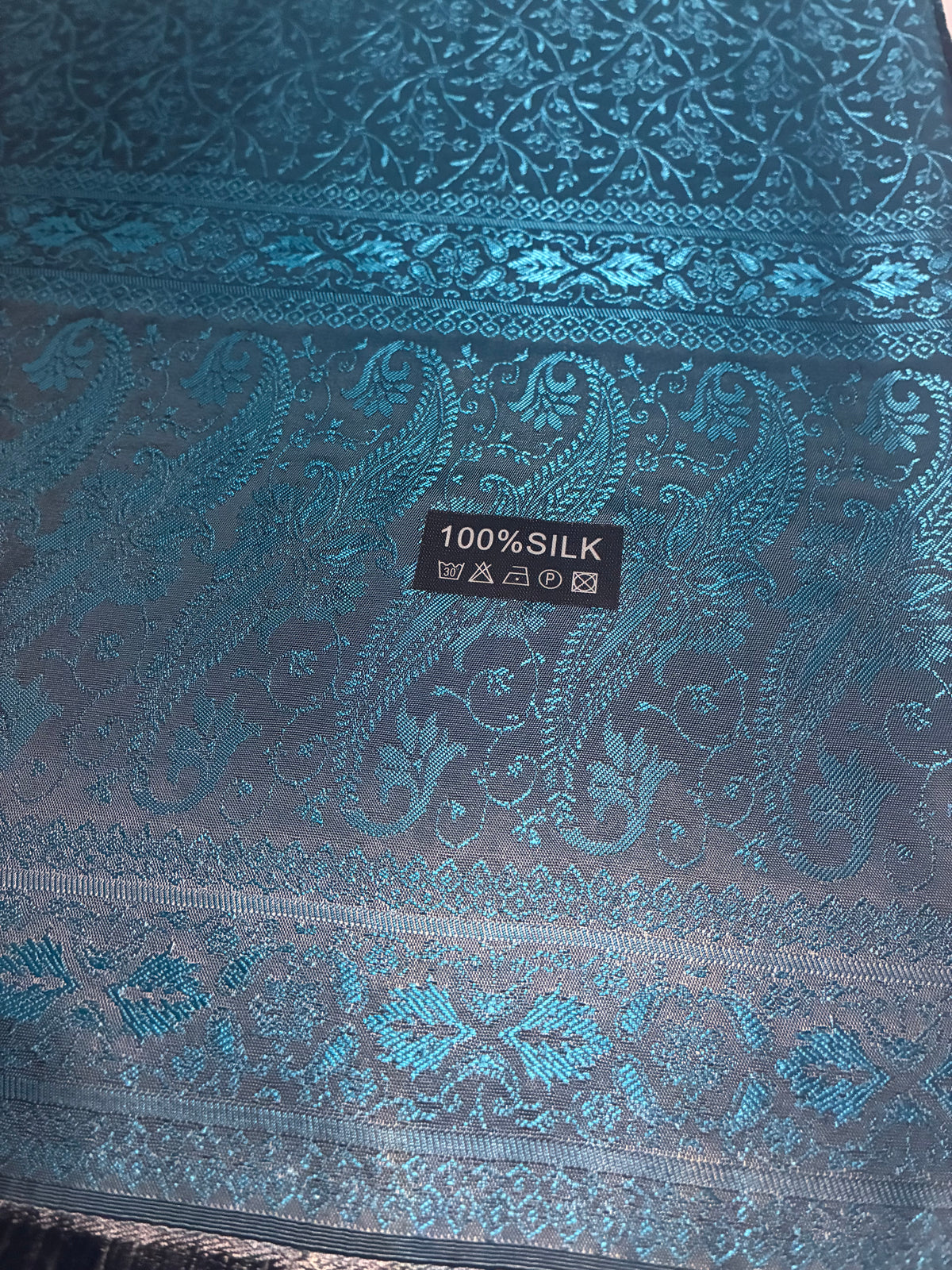 Teal Silk Jacquard Stole with Paisley Details