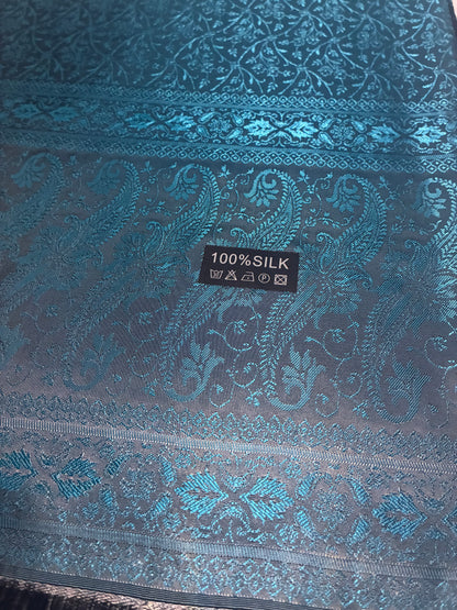 Teal Silk Jacquard Stole with Paisley Details