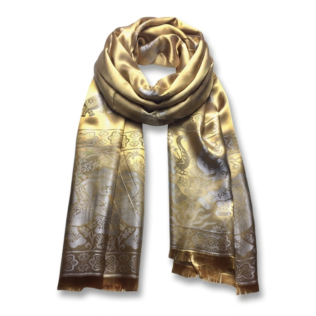 Gold & Silver Silk Scarf with Elephant | Bohemian Shawl | Handmade Gift for Elephant Lovers