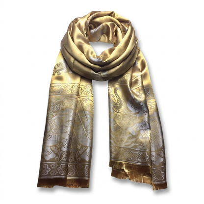 Gold & Silver Silk Scarf with Elephant | Bohemian Shawl | Handmade Gift for Elephant Lovers