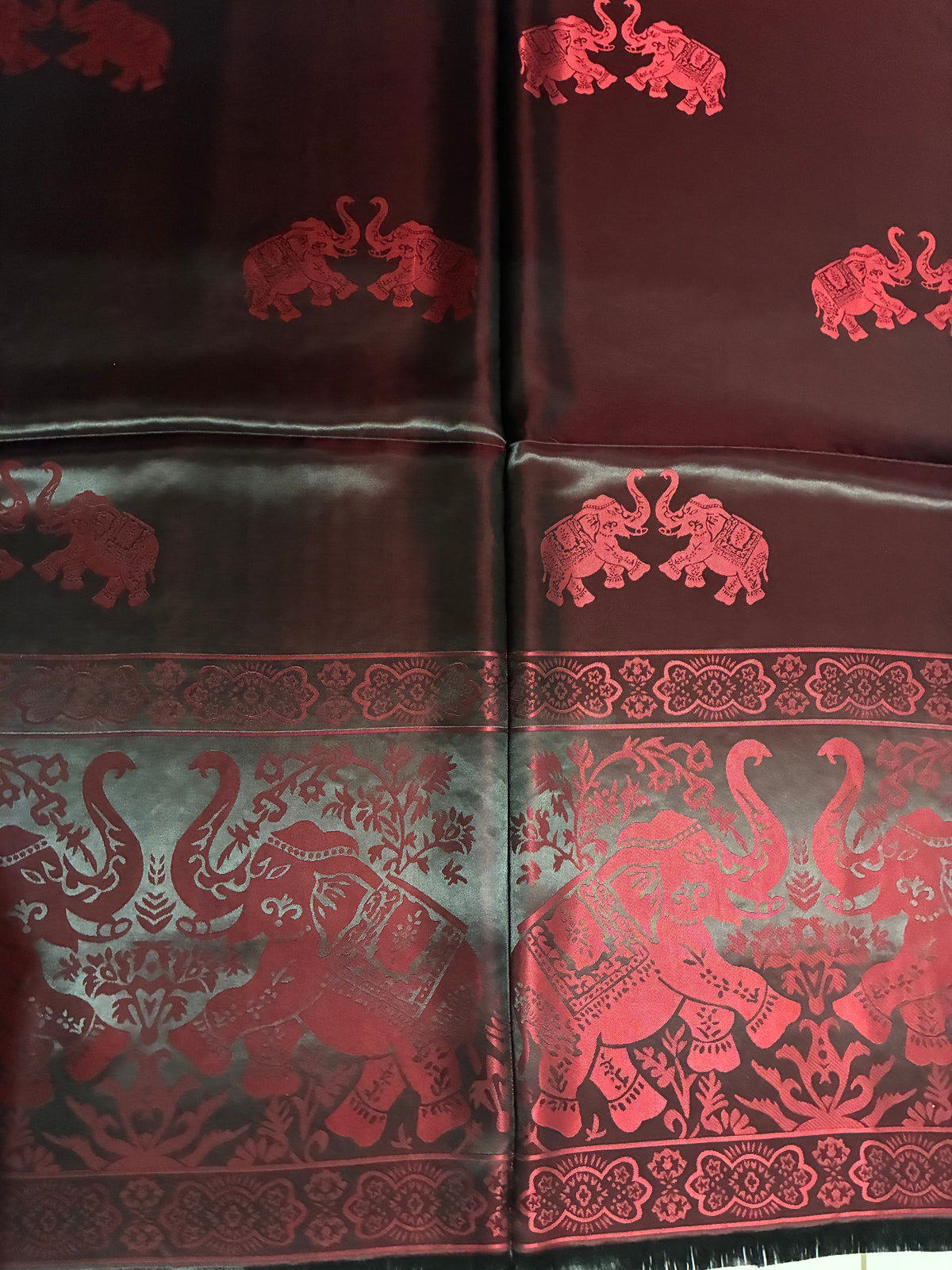 Reversible Burgundy & Black Silk Elephant Motif Scarf