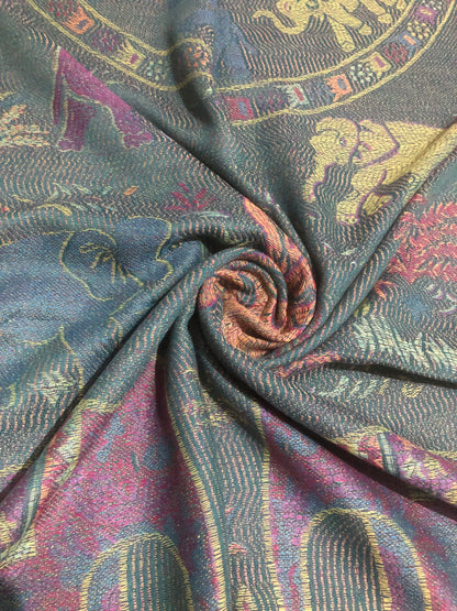 Boho-Chic Reversible Elephant Mandala Jacquard Pashmina Stole - Forest Green⁠