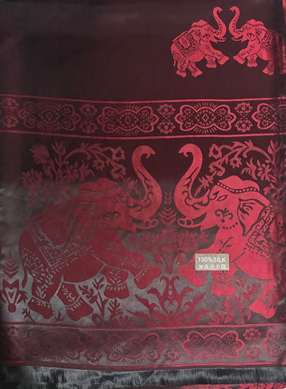 Reversible Burgundy & Black Silk Elephant Motif Scarf