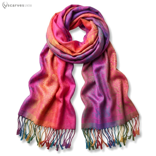 Colorful Pashmina Scarf - Fuchsia Rainbow Wrap Elephants - Rave Shawl