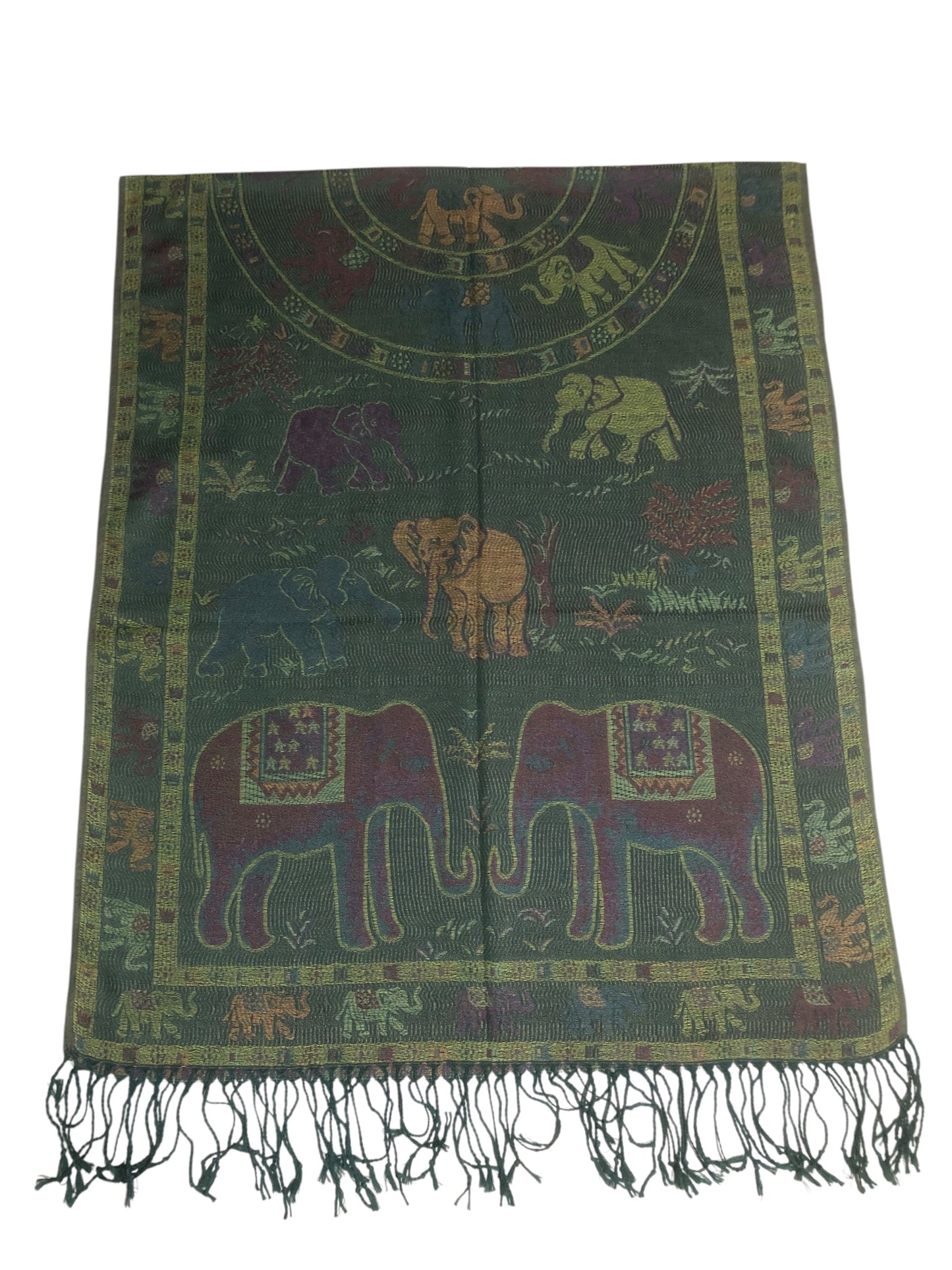 Boho-Chic Reversible Elephant Mandala Jacquard Pashmina Stole - Forest Green⁠