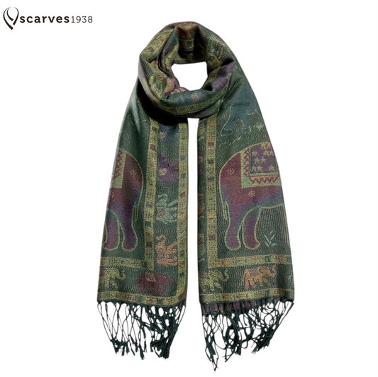 Boho-Chic Reversible Elephant Mandala Jacquard Pashmina Stole - Forest Green⁠