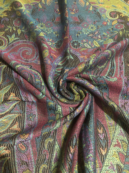 Vibrant Reversible Floral Jacquard Pashmina Stole - Red, yellow & Blue⁠