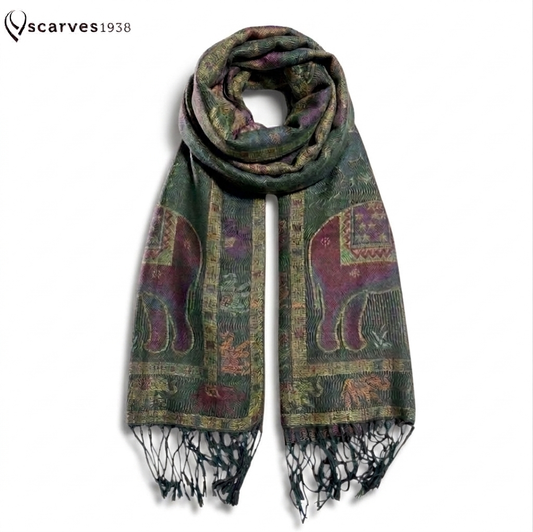 Boho-Chic Reversible Elephant Mandala Jacquard Pashmina Stole - Forest Green⁠