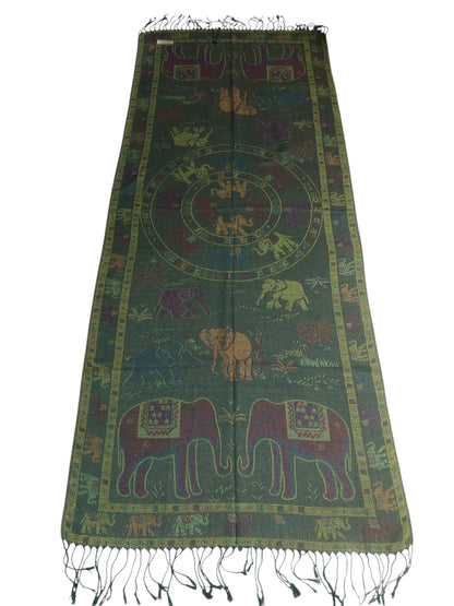 Boho-Chic Reversible Elephant Mandala Jacquard Pashmina Stole - Forest Green⁠