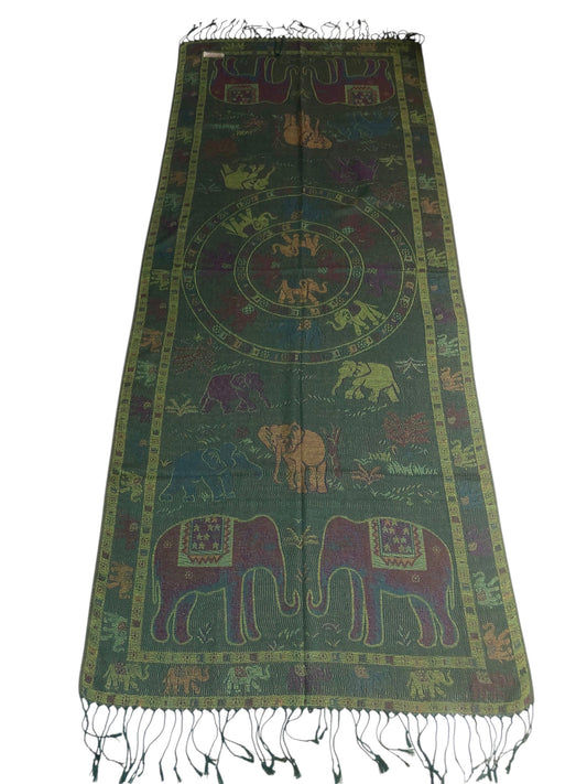 Boho-Chic Reversible Elephant Mandala Jacquard Pashmina Stole - Forest Green⁠