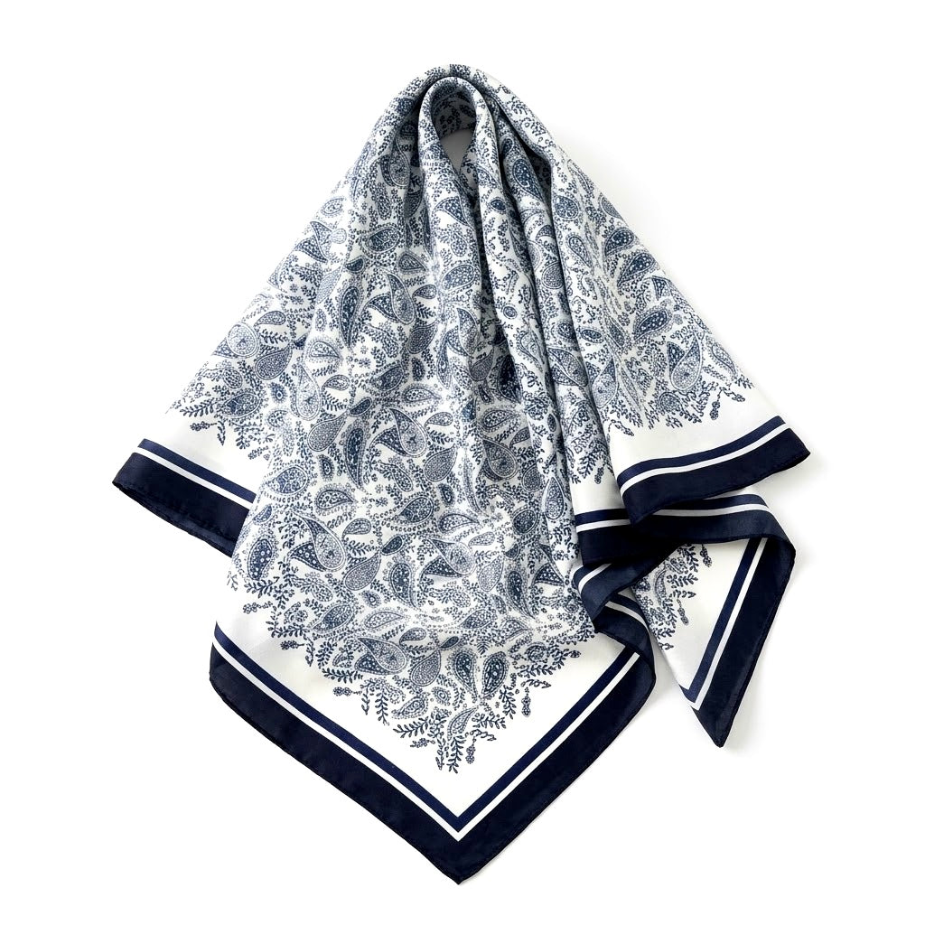 Dark Blue & White Geometric Satin Bandana Scarf | 65x65 cm Luxury Silk-Feel Foulard⁠