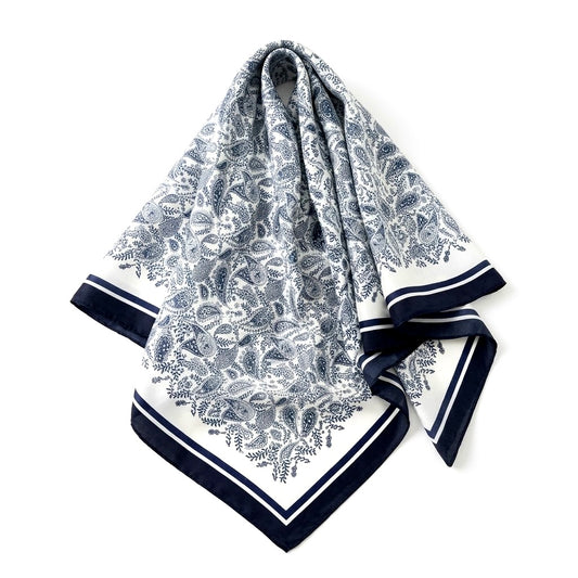 Blue & White Geometric Satin Bandana Scarf | 65x65 cm Luxury Silk-Feel Foulard⁠
