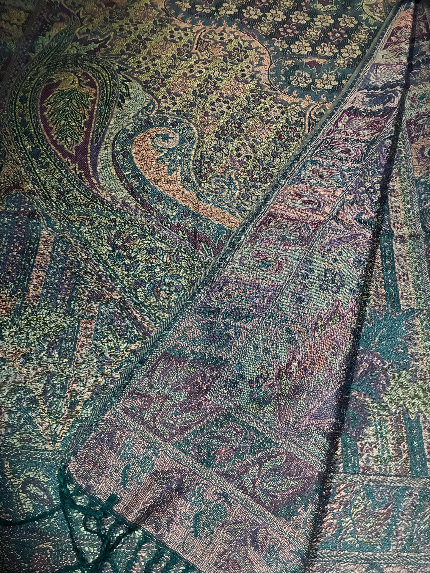 Green and Purple Paisley Pashmina Scarf | Sage and Plum Festival Shawl | Bohemian Rave Wrap | Hippie Style Stole | Unique Gift for Her