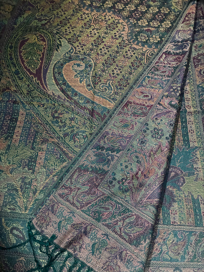 Green and Purple Paisley Pashmina Scarf | Sage and Plum Festival Shawl | Bohemian Rave Wrap | Hippie Style Stole | Unique Gift for Her