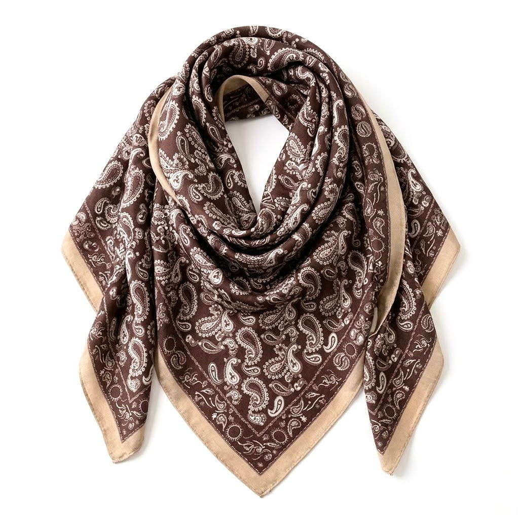 Satin Bandana Scarf | Brown Patchwork Paisley Foulard | 65x65 cm Silky Polyester Neck Scarf | Chic Head Scarf for Women⁠