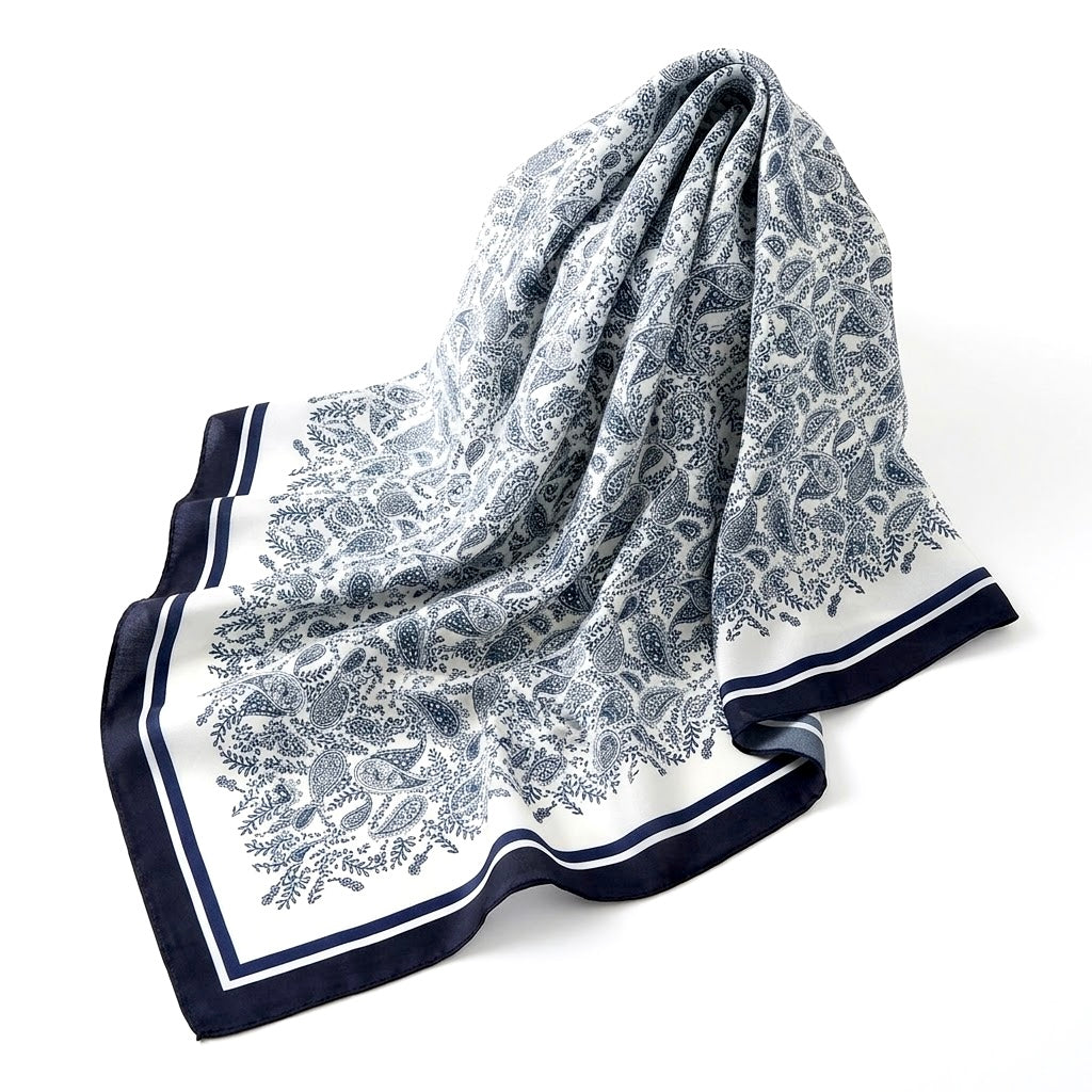 Dark Blue & White Geometric Satin Bandana Scarf | 65x65 cm Luxury Silk-Feel Foulard⁠