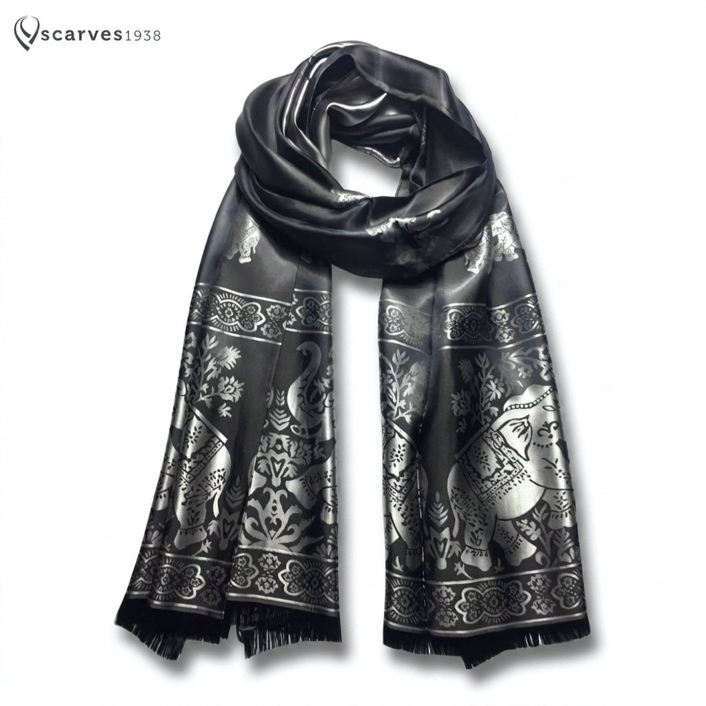 Black Silk Scarf - Gift For Her - Reversible Elephant Shawl