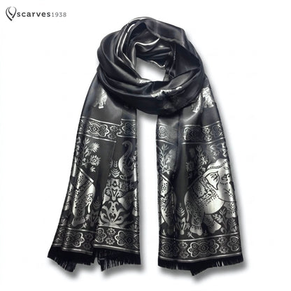 Black Silk Scarf - Gift For Her - Reversible Elephant Shawl