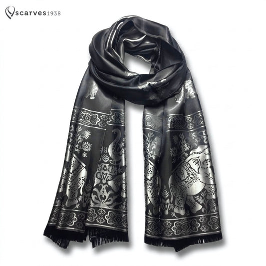 Black Silk Scarf - Gift For Her - Reversible Elephant Shawl