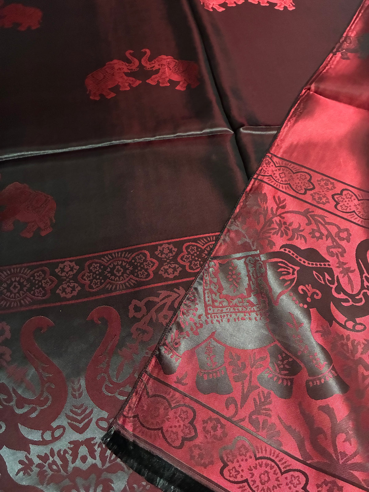 Reversible Burgundy & Black Silk Elephant Motif Scarf