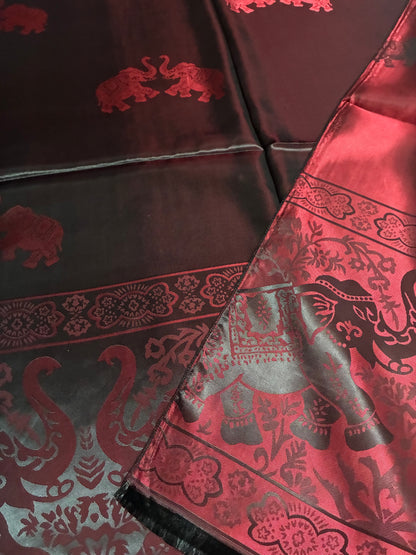 Reversible Burgundy & Black Silk Elephant Motif Scarf
