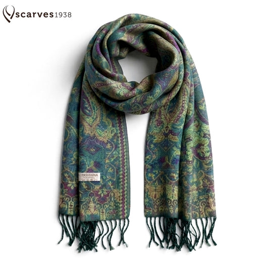 Green Pashmina Scarf - Ethnic Flowers Shawl - Unique Bridesmaid Gift - Handmade Artisan Stole
