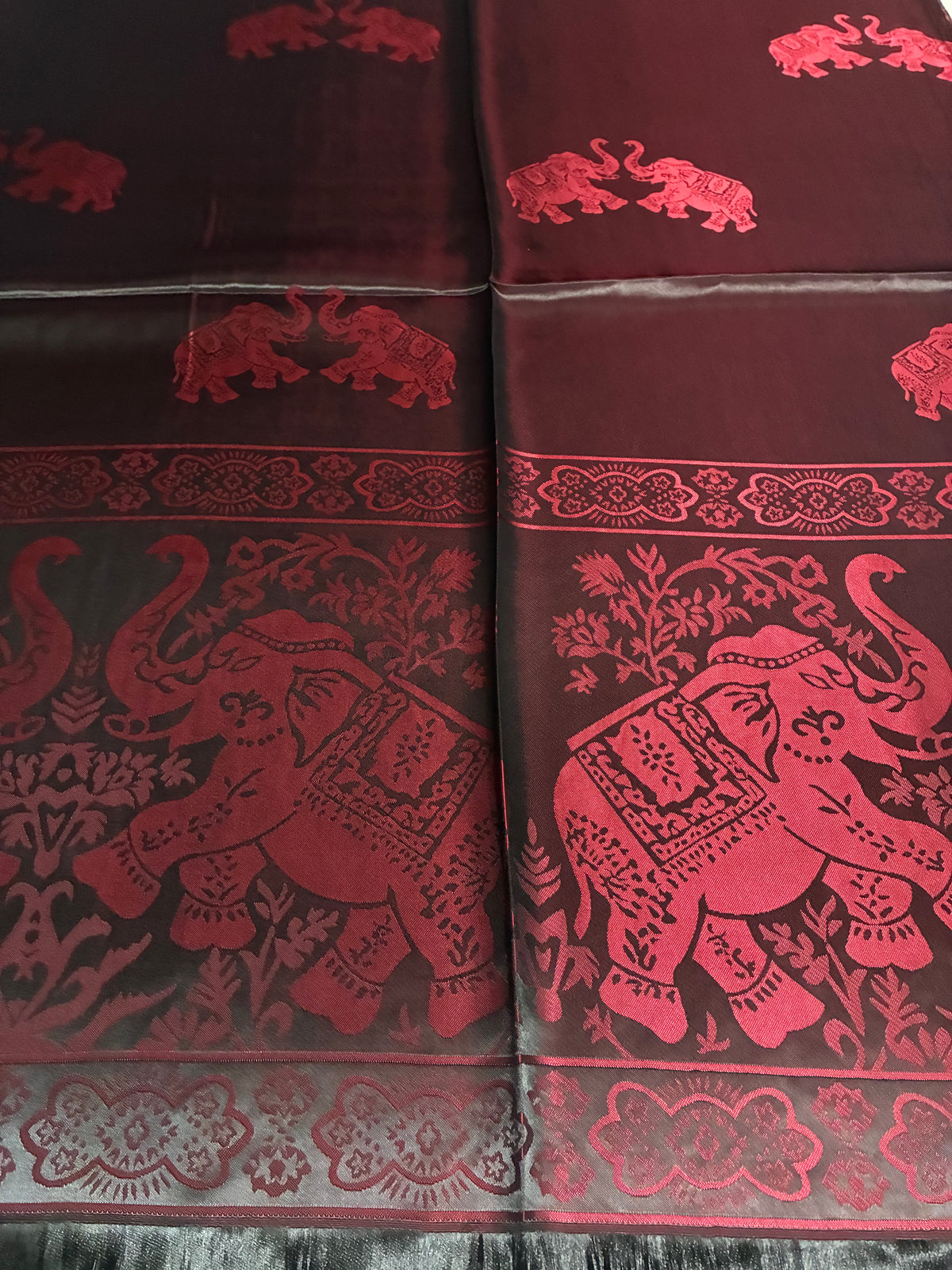 Reversible Burgundy & Black Silk Elephant Motif Scarf