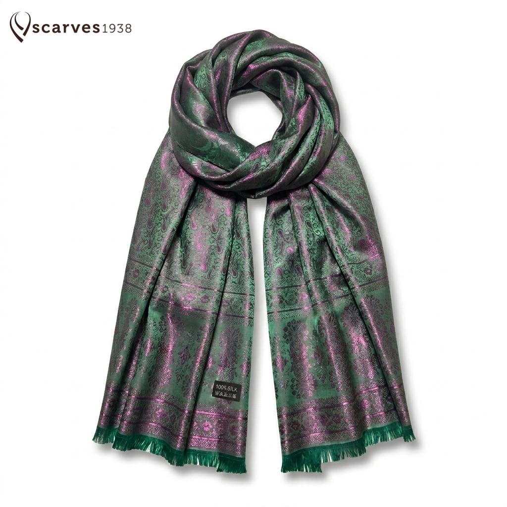 Green Hot Pink Silk Scarf - Paisley Shawl - Shiny Bohemian Festival Wrap