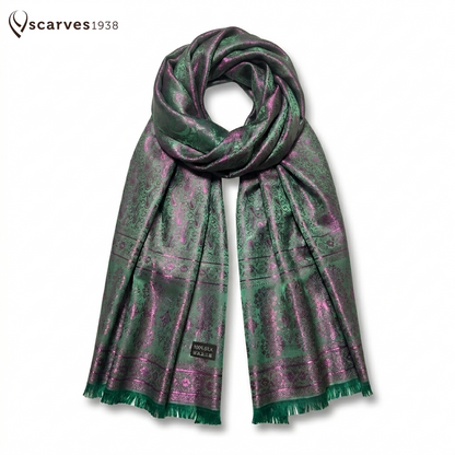 Green Hot Pink Silk Scarf - Paisley Shawl - Shiny Bohemian Festival Wrap