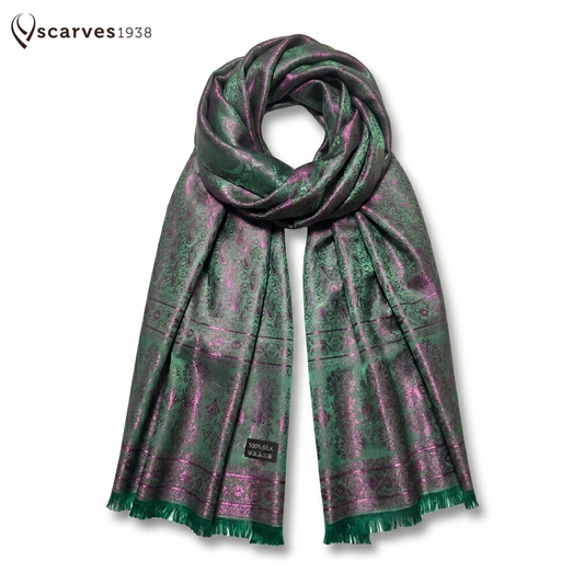 Green Hot Pink Silk Scarf - Paisley Shawl - Shiny Bohemian Festival Wrap