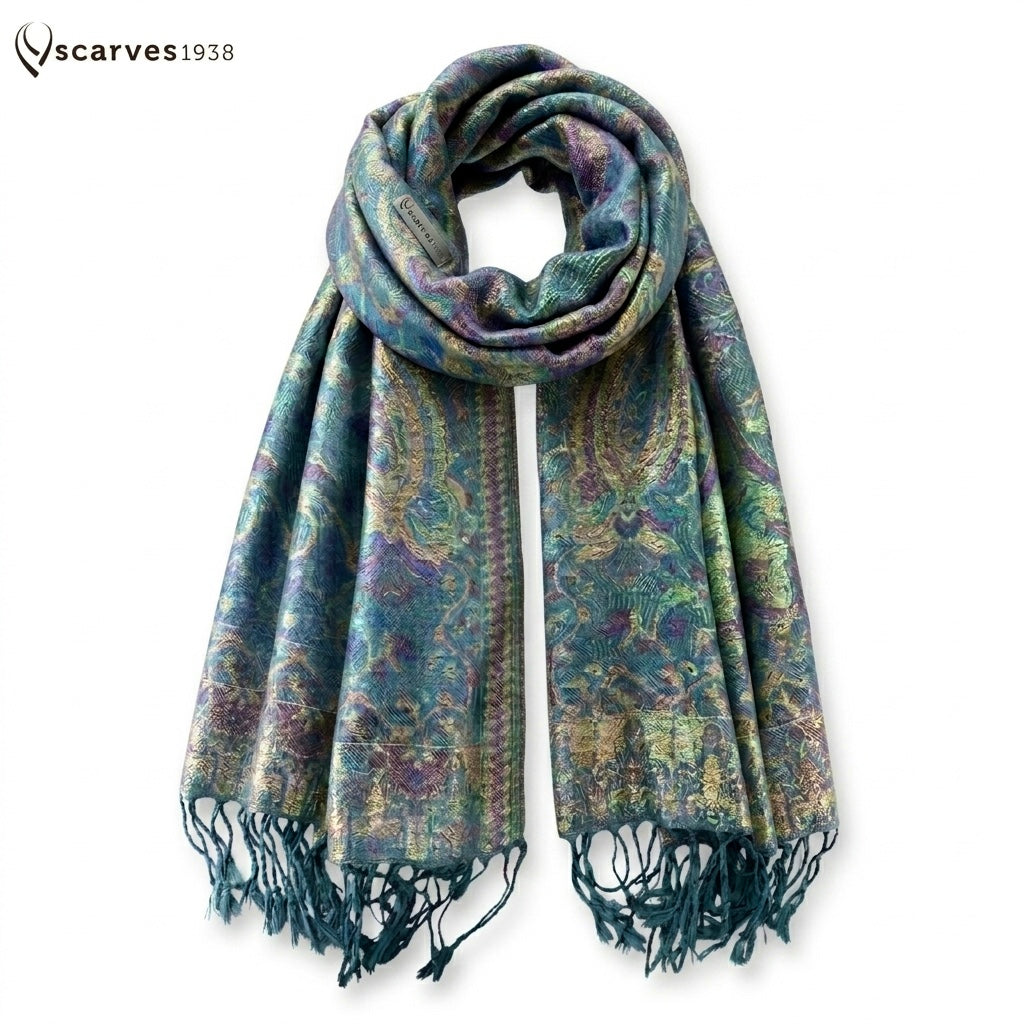 Green Pashmina Scarf - Ethnic Flowers Shawl - Unique Bridesmaid Gift - Handmade Artisan Stole