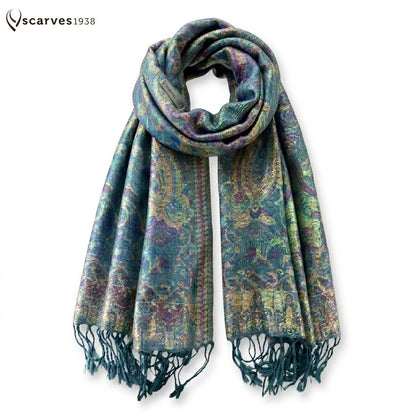 Green Pashmina Scarf - Ethnic Flowers Shawl - Unique Bridesmaid Gift - Handmade Artisan Stole