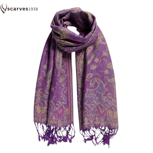 Vibrant Reversible Paisley Jacquard Pashmina Scarf - Purple & Gold⁠