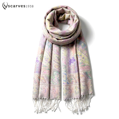 Light Colors Pashmina Scarf Ethnic Paisley Flowers