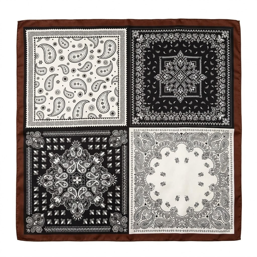 Brown Patchwork Paisley Satin Bandana Scarf | 65x65 cm Luxury Silk-Feel Foulard⁠