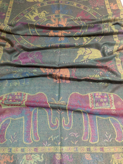 Boho-Chic Reversible Elephant Mandala Jacquard Pashmina Stole - Forest Green⁠