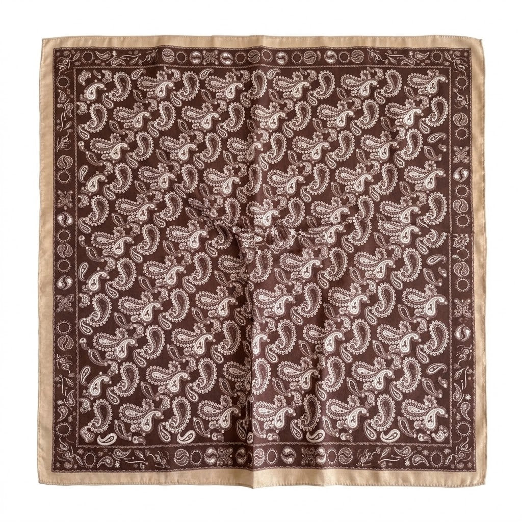 Satin Bandana Scarf | Brown Patchwork Paisley Foulard | 65x65 cm Silky Polyester Neck Scarf | Chic Head Scarf for Women⁠