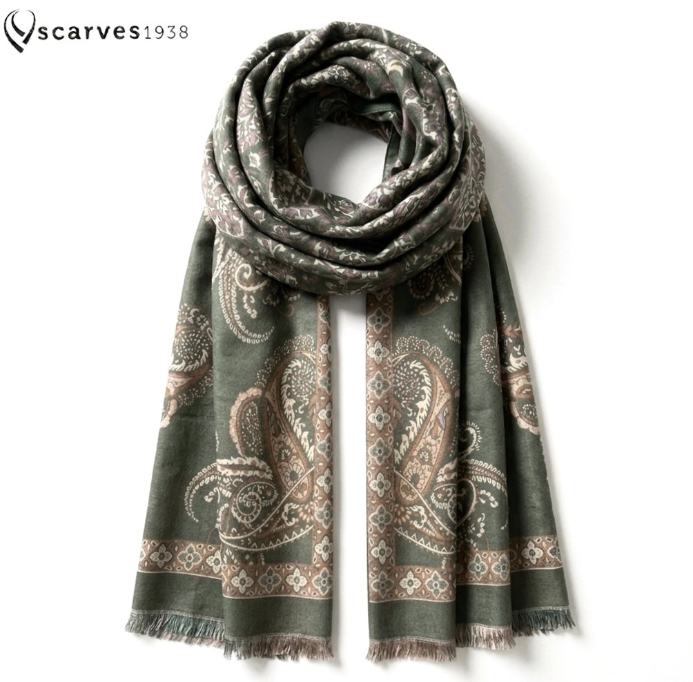 Classic Olive Green Cashmere Scarf | Heavy Winter Shawl