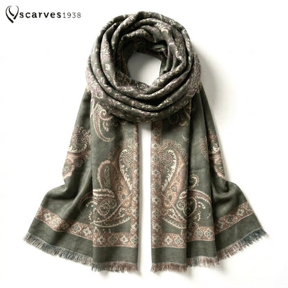 Classic Olive Green Cashmere Scarf | Heavy Winter Shawl
