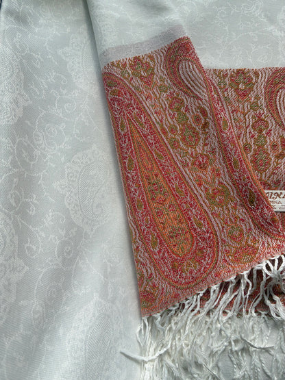 White Pashmina Scarf | Paisley Border Shawl | Bohemian Festival Wrap | Unisex Hippie Stole | Elegant Bridesmaid Gift | Scarves1938